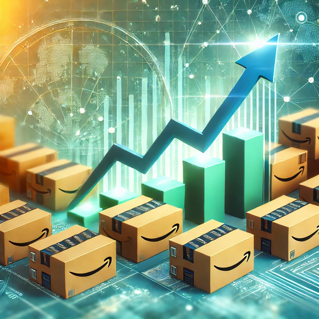 A background image representing growth and success in sales for Amazon. The image shows an upward sales graph overlaid on a visually appealing and mod.