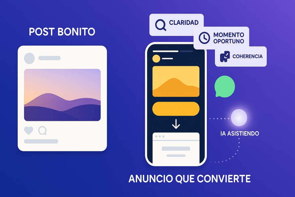 Comparativa: post estético frente a anuncio con CTA en móvil que lleva a una landing; claridad, momento oportuno y coherencia, chat tipo WhatsApp e IA asistiendo.