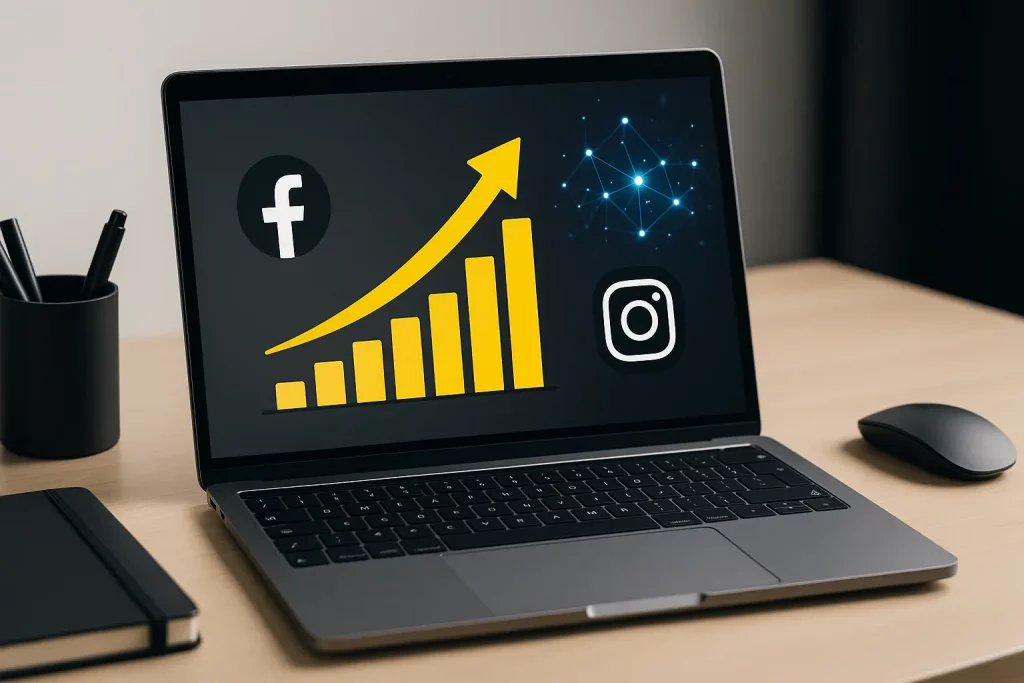 Gráfico de crecimiento en Meta Ads con iconos de Facebook e Instagram sobre un portátil
