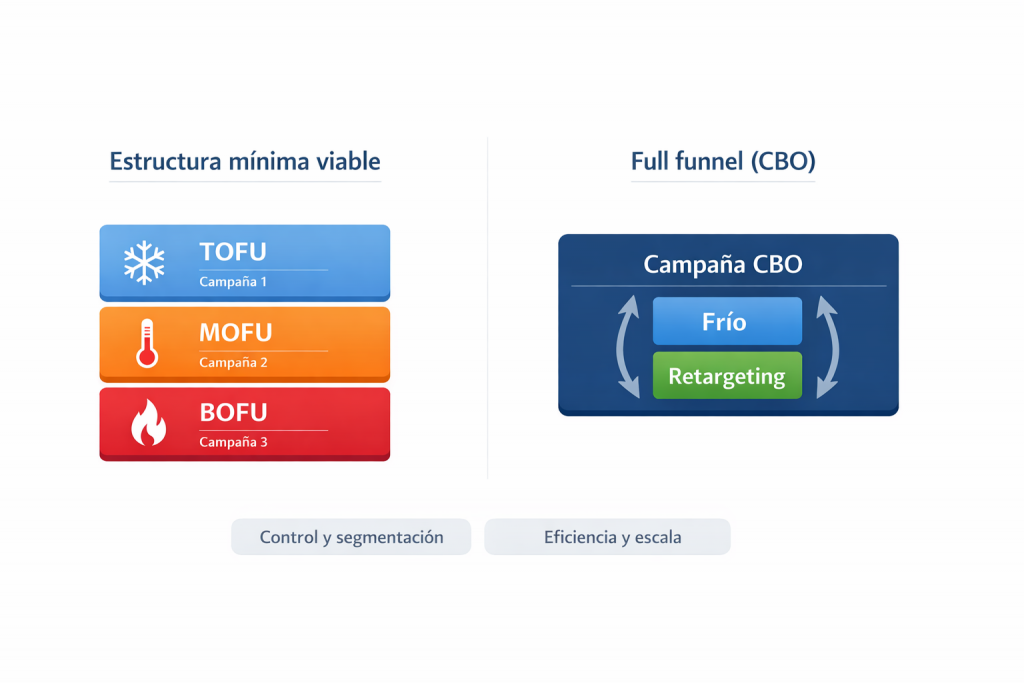 Infografía que compara dos estructuras de campañas en Meta Ads: “estructura mínima viable” con tres campañas (TOFU, MOFU y BOFU) frente a “full funnel (CBO)” con una campaña CBO que reparte el presupuesto entre audiencias frías y retargeting.