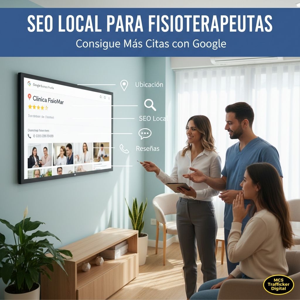 Infografía sobre SEO Local para fisioterapeutas mostrando una ficha de Google Business Profile optimizada en una clínica de fisioterapia moderna.