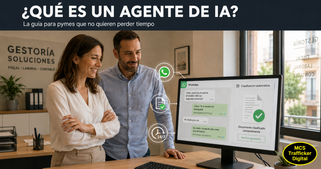Gestora y compañero observan cómo un agente de IA responde mensajes de WhatsApp y clasifica documentos automáticamente.